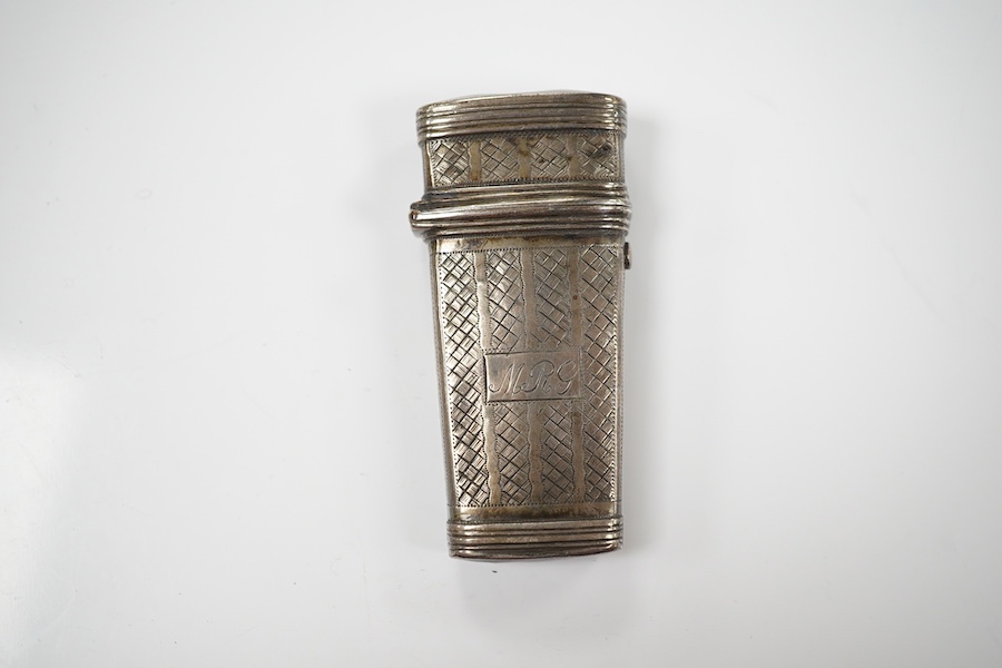 A William IV engraved silver fleam case containing three (ex 4) tortoiseshell mounted fleams, Thomas Hughes Headland, London, 1830, 61mm. Condition - poor